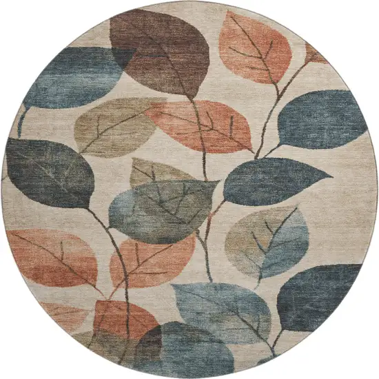 8' Beige Copper And Denim Blue Floral Washable Round Rug With UV Protection Photo 1