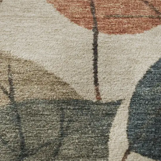 8' Beige Copper And Denim Blue Floral Washable Round Rug With UV Protection Photo 9