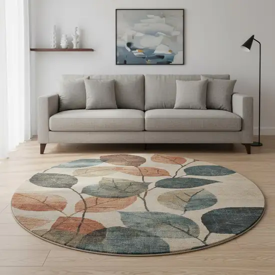 8' Beige Copper And Denim Blue Floral Washable Round Rug With UV Protection Photo 2