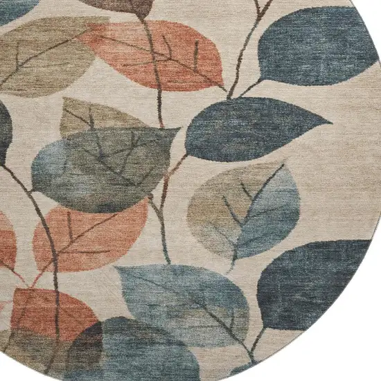 8' Beige Copper And Denim Blue Floral Washable Round Rug With UV Protection Photo 3