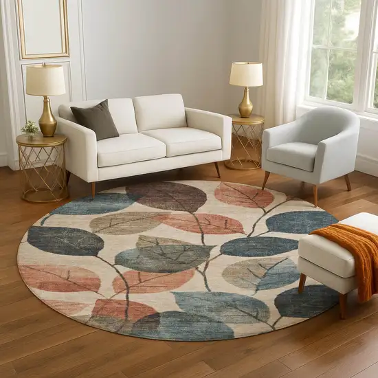 8' Beige Copper And Denim Blue Floral Washable Round Rug With UV Protection Photo 5