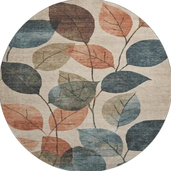 8' Beige Copper And Denim Blue Floral Washable Round Rug With UV Protection Photo 4