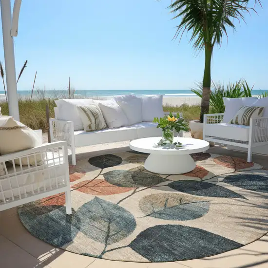 8' Beige Copper And Denim Blue Round Floral Washable Indoor Outdoor Area Rug Photo 6