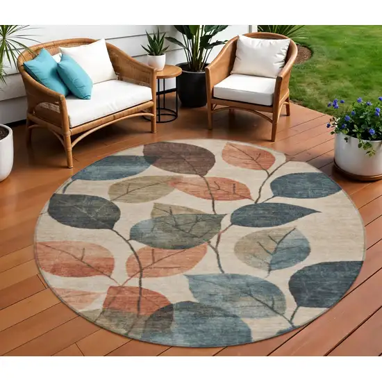 8' Beige Copper And Denim Blue Round Floral Washable Indoor Outdoor Area Rug Photo 2