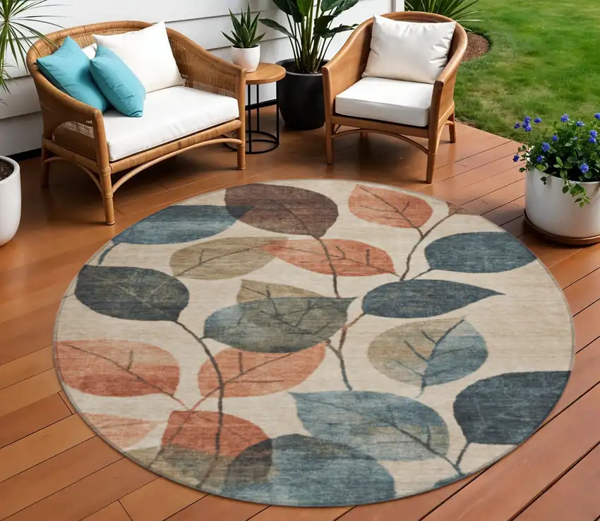 8' Beige Copper And Denim Blue Round Floral Washable Indoor Outdoor Area Rug Photo 2