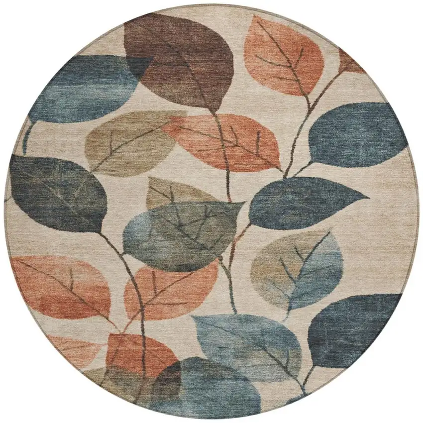 8' Beige Copper And Denim Blue Round Floral Washable Indoor Outdoor Area Rug Photo 3