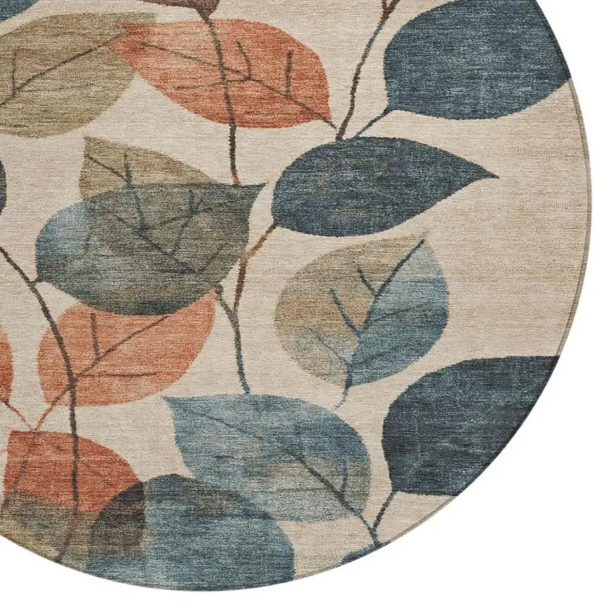 8' Beige Copper And Denim Blue Round Floral Washable Indoor Outdoor Area Rug Photo 4