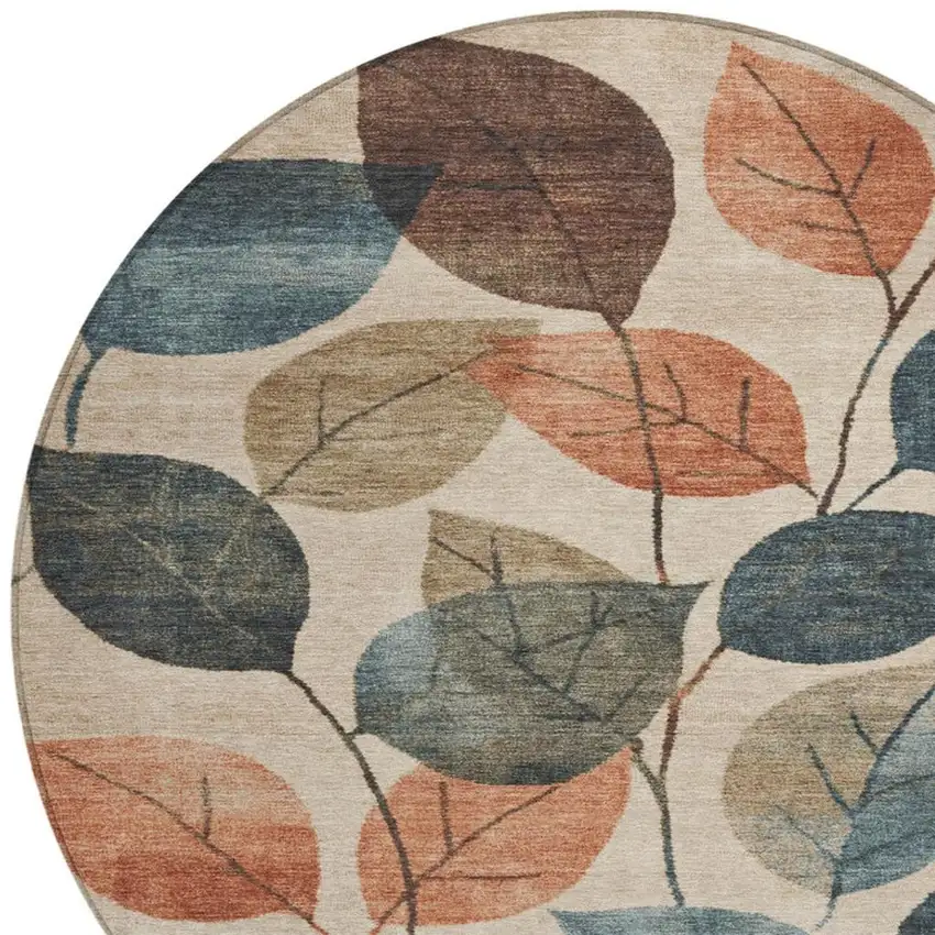 8' Beige Copper And Denim Blue Round Floral Washable Indoor Outdoor Area Rug Photo 9