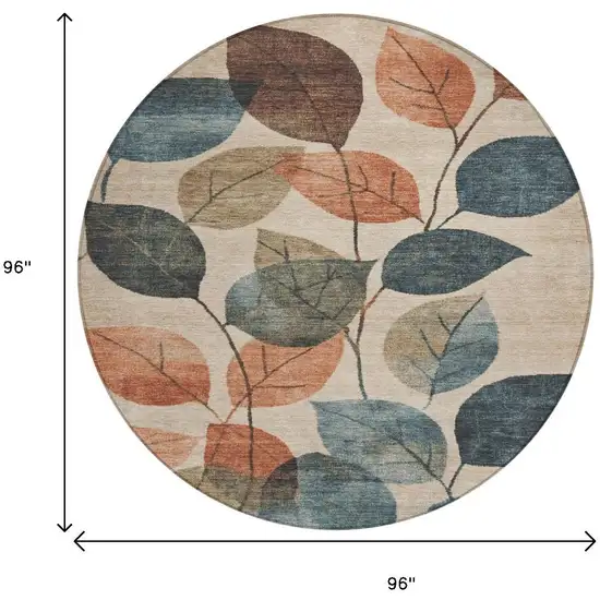 8' Beige Copper And Denim Blue Round Floral Washable Indoor Outdoor Area Rug Photo 9
