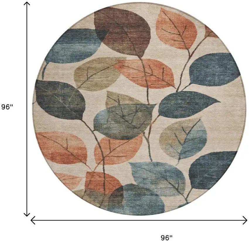 8' Beige Copper And Denim Blue Round Floral Washable Indoor Outdoor Area Rug Photo 9