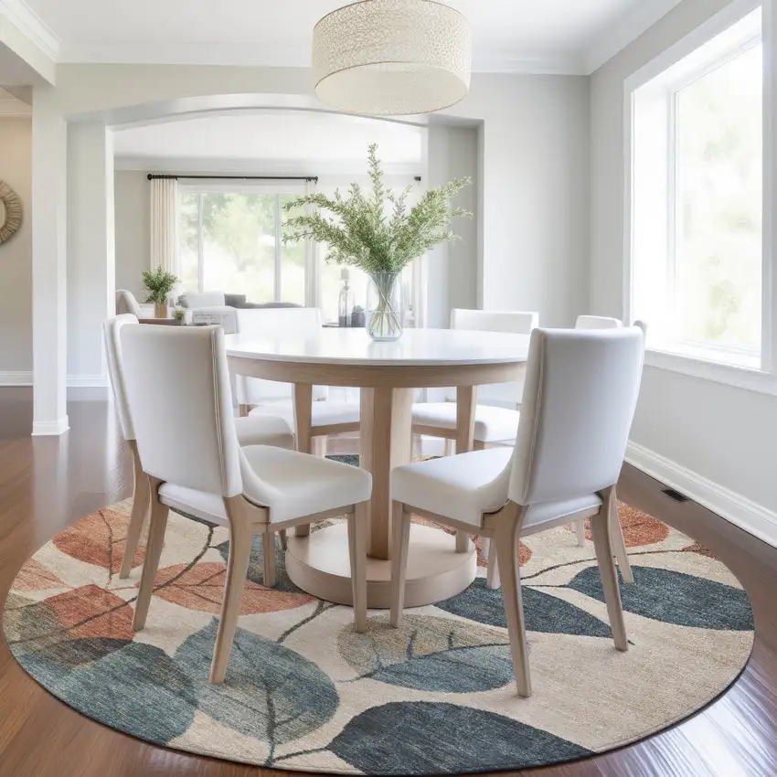 8' Beige Copper And Denim Blue Round Floral Washable Indoor Outdoor Area Rug Photo 7