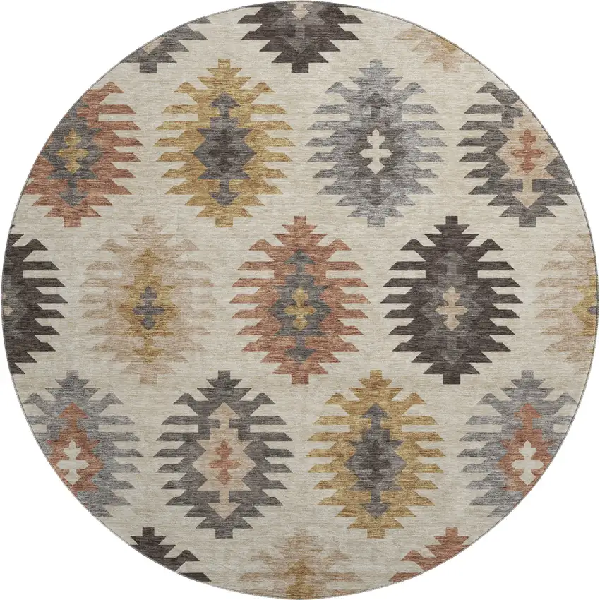 8' Beige Copper And Gold Southwestern Washable Round Rug With UV Protection Photo 1