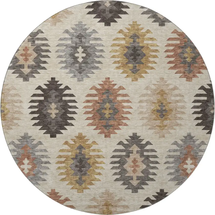 8' Beige Copper And Gold Southwestern Washable Round Rug With UV Protection Photo 3