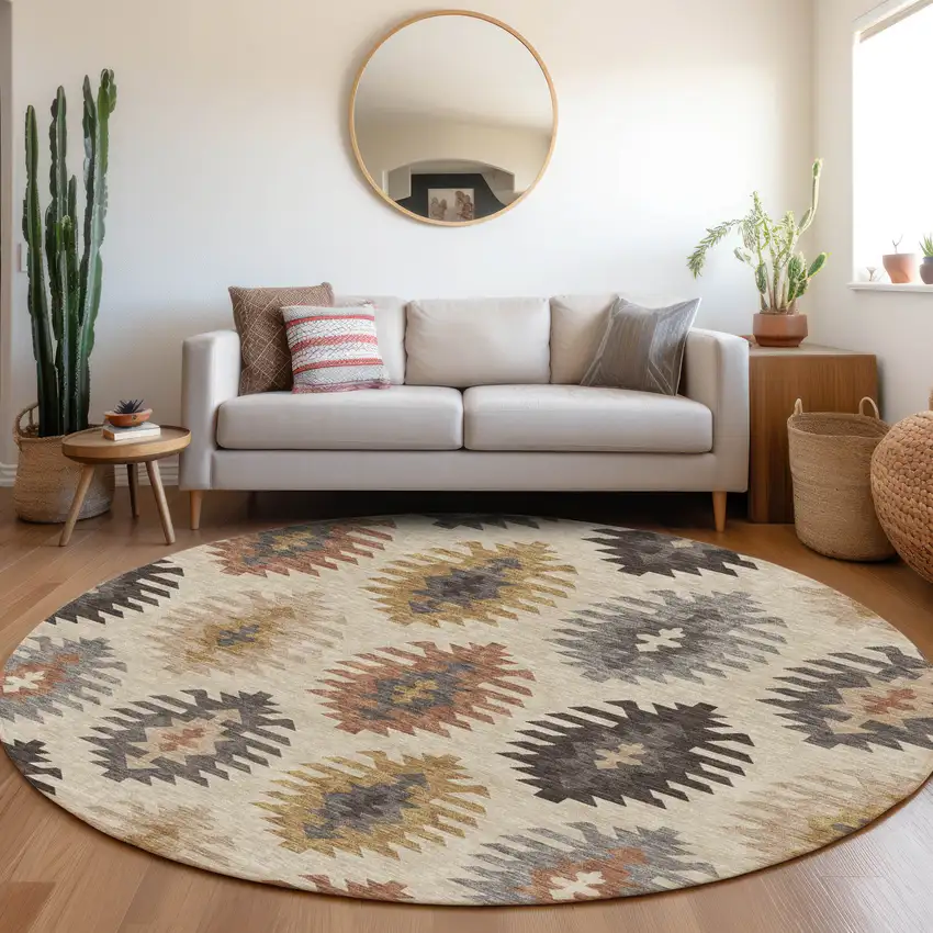 8' Beige Copper And Gold Southwestern Washable Round Rug With UV Protection Photo 4