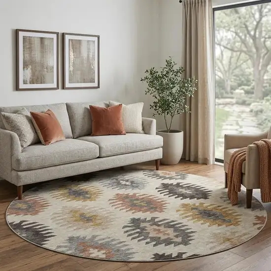 8' Beige Copper And Gold Southwestern Washable Round Rug With UV Protection Photo 1