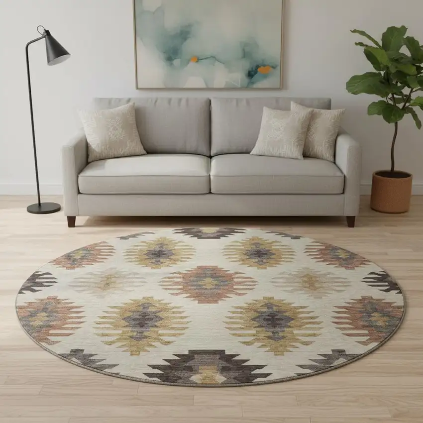 8' Beige Copper And Gold Southwestern Washable Round Rug With UV Protection Photo 2