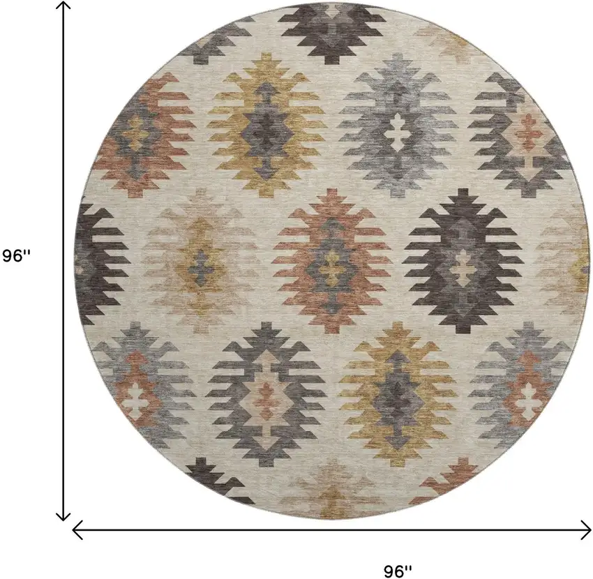 8' Beige Copper And Gold Southwestern Washable Round Rug With UV Protection Photo 9
