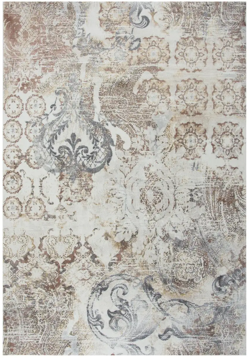 8' Beige Copper And Gray Damask Area Rug Photo 3
