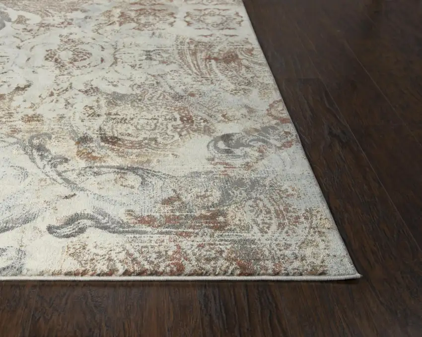 8' Beige Copper And Gray Damask Area Rug Photo 4