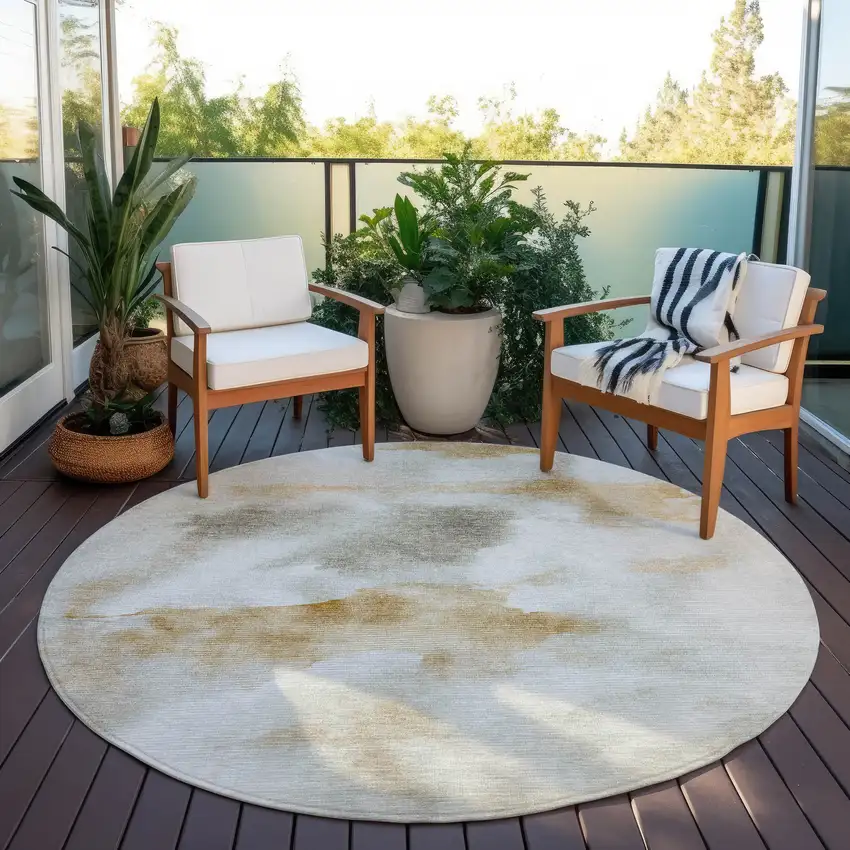 8' Beige Copper And Gray Round Abstract Washable Indoor Outdoor Area Rug Photo 6