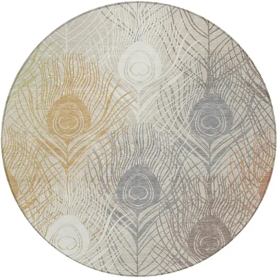 8' Beige Copper And Gray Round Floral Washable Indoor Outdoor Area Rug Photo 4