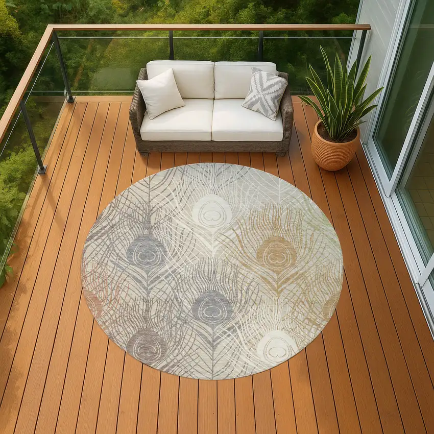 8' Beige Copper And Gray Round Floral Washable Indoor Outdoor Area Rug Photo 8