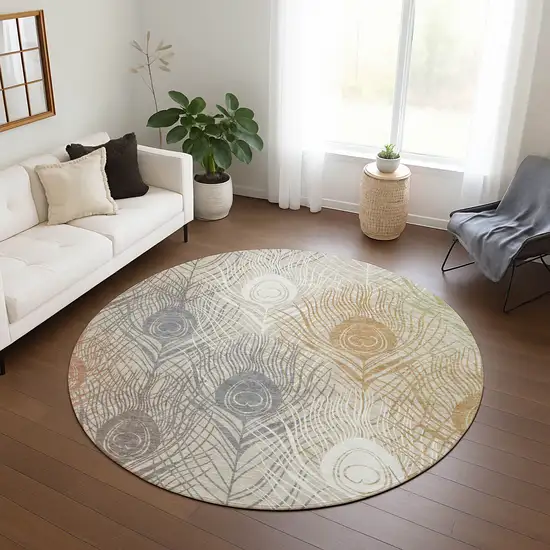8' Beige Copper And Gray Round Floral Washable Indoor Outdoor Area Rug Photo 9