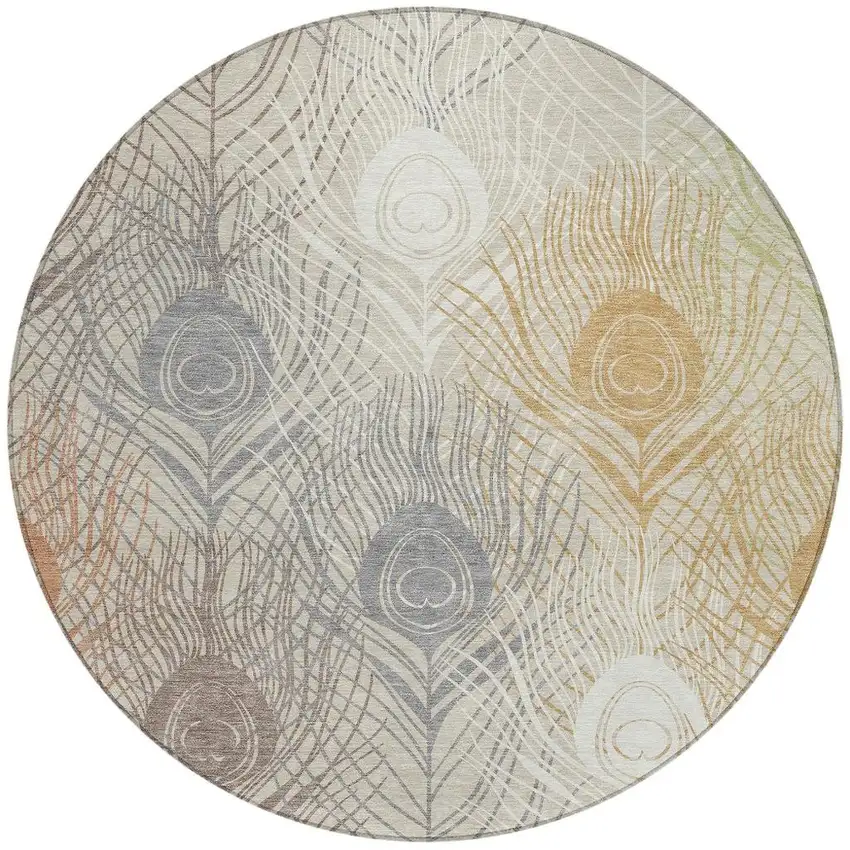 8' Beige Copper And Gray Round Floral Washable Indoor Outdoor Area Rug Photo 5