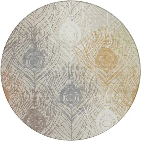 8' Beige Copper And Gray Round Floral Washable Indoor Outdoor Area Rug Photo 2