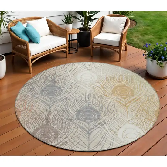 8' Beige Copper And Gray Round Floral Washable Indoor Outdoor Area Rug Photo 1