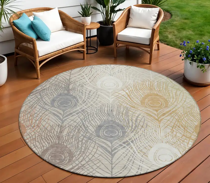 8' Beige Copper And Gray Round Floral Washable Indoor Outdoor Area Rug Photo 1