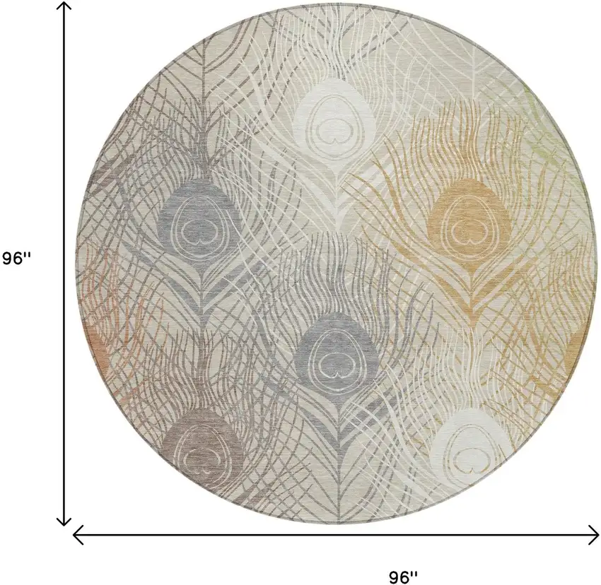 8' Beige Copper And Gray Round Floral Washable Indoor Outdoor Area Rug Photo 3