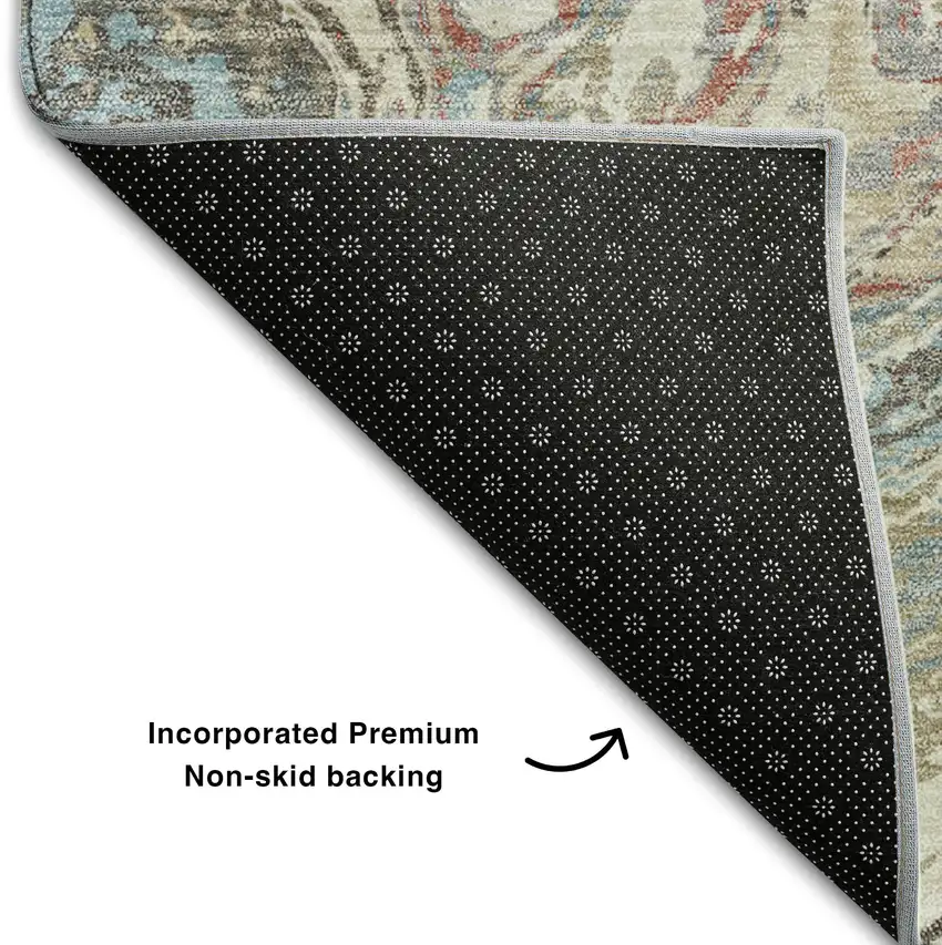 8' Beige Copper And Green Abstract Washable Round Rug With UV Protection Photo 5