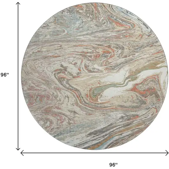 8' Beige Copper And Green Abstract Washable Round Rug With UV Protection Photo 9