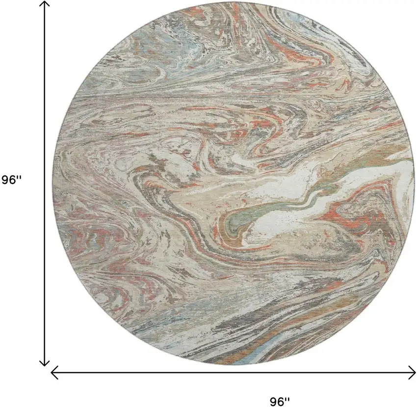 8' Beige Copper And Green Abstract Washable Round Rug With UV Protection Photo 9