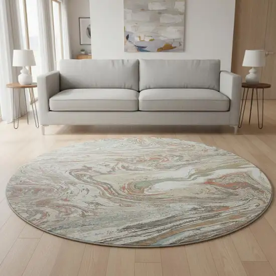 8' Beige Copper And Green Abstract Washable Round Rug With UV Protection Photo 2