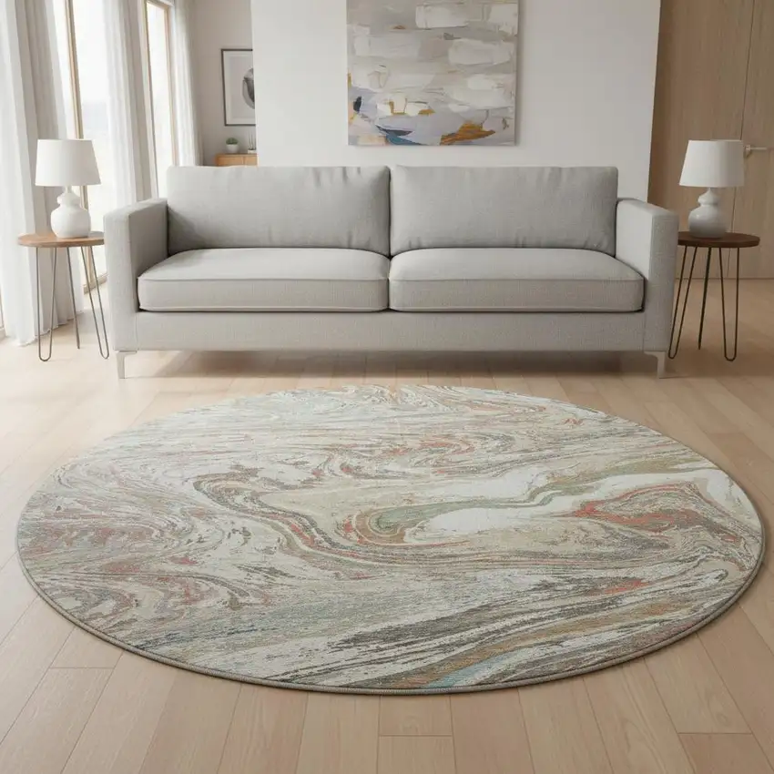 8' Beige Copper And Green Abstract Washable Round Rug With UV Protection Photo 2