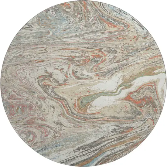 8' Beige Copper And Green Abstract Washable Round Rug With UV Protection Photo 1