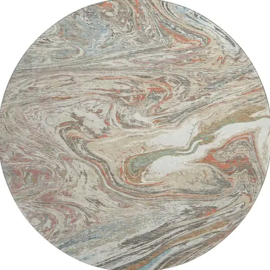 8' Beige Copper And Green Abstract Washable Round Rug With UV Protection Photo 2