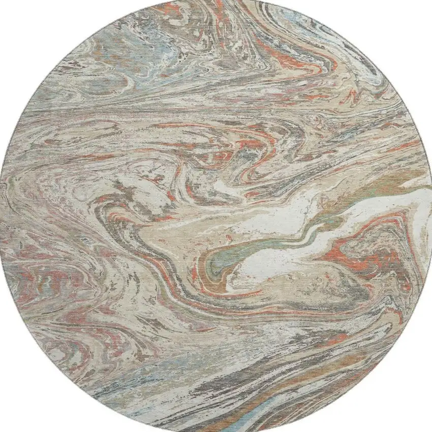 8' Beige Copper And Green Abstract Washable Round Rug With UV Protection Photo 2
