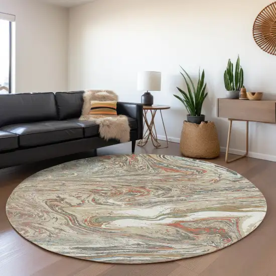 8' Beige Copper And Green Abstract Washable Round Rug With UV Protection Photo 4