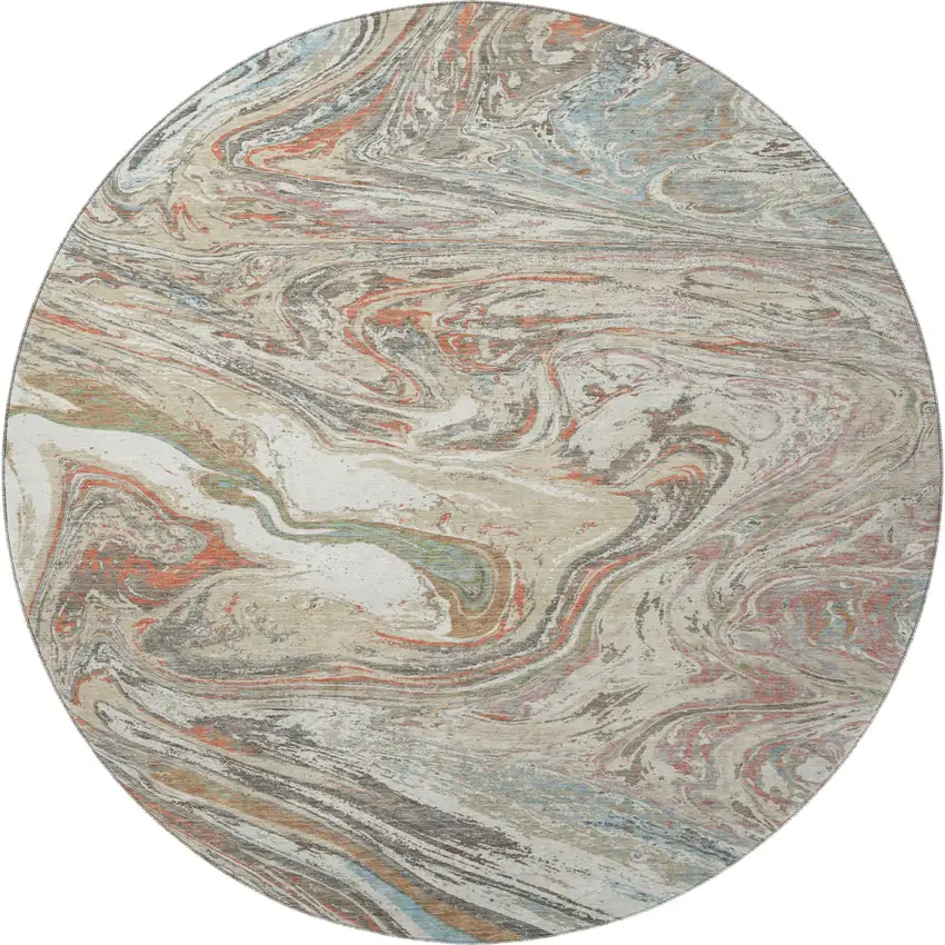 8' Beige Copper And Green Abstract Washable Round Rug With UV Protection Photo 3