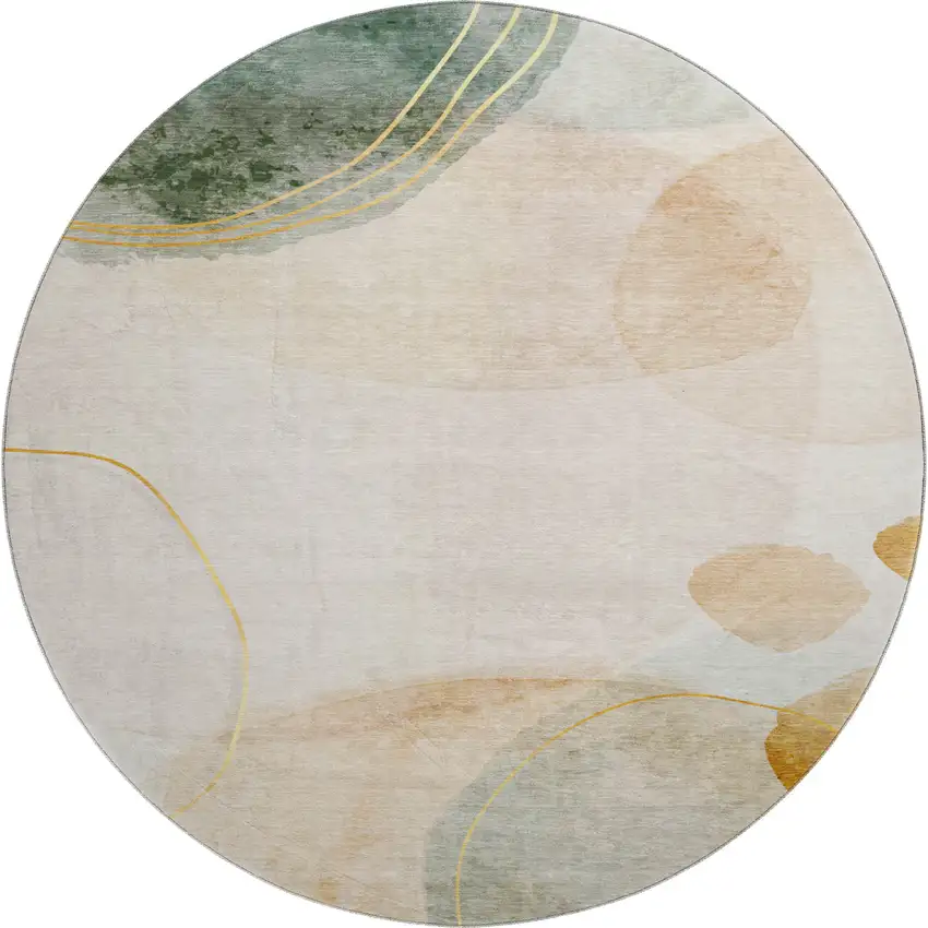 8' Beige Copper And Taupe Abstract Washable Round Rug With UV Protection Photo 1
