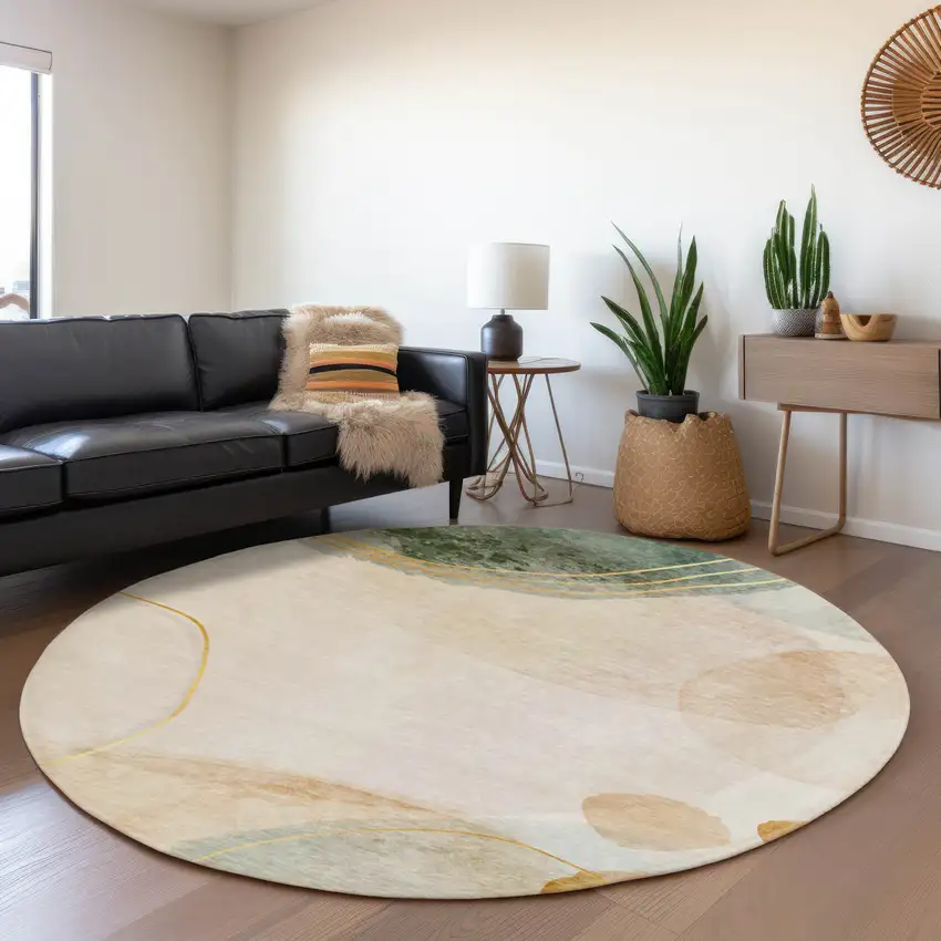 8' Beige Copper And Taupe Abstract Washable Round Rug With UV Protection Photo 5