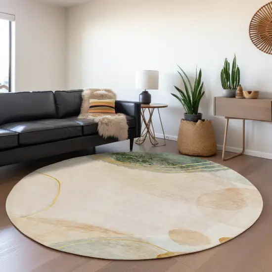 8' Beige Copper And Taupe Abstract Washable Round Rug With UV Protection Photo 5