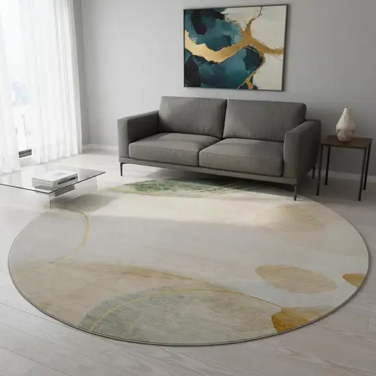 8' Beige Copper And Taupe Abstract Washable Round Rug With UV Protection Photo 2