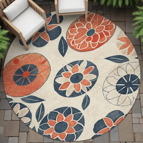 8' Beige Coral And Navy Blue Round Floral Washable Indoor Outdoor Area Rug Photo 7