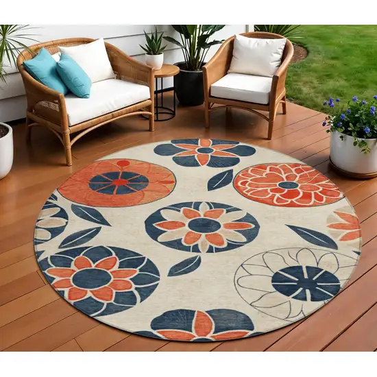 8' Beige Coral And Navy Blue Round Floral Washable Indoor Outdoor Area Rug Photo 2