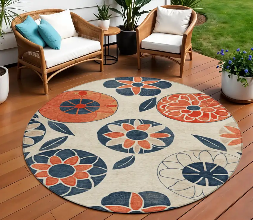8' Beige Coral And Navy Blue Round Floral Washable Indoor Outdoor Area Rug Photo 2