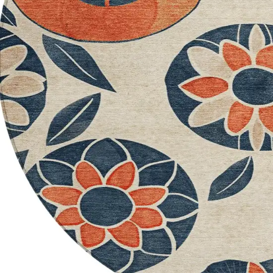 8' Beige Coral And Navy Blue Round Floral Washable Indoor Outdoor Area Rug Photo 5